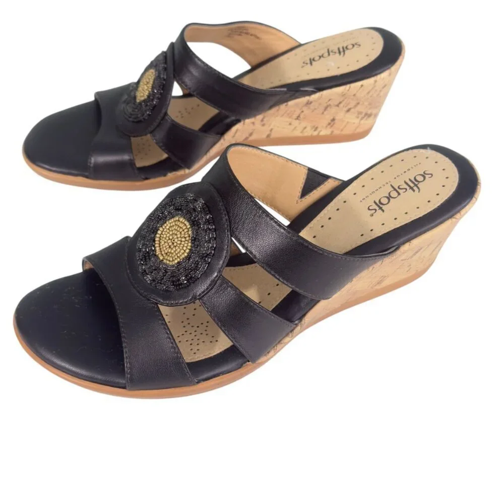 Softspots Wedge Sandals Women 8.5 Black Leather Espadrille Cork Beaded Excellent